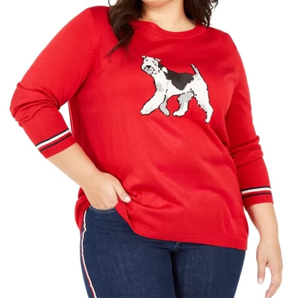 Tommy Hilfiger Sweaters - Tommy Hilfiger Red Pullover holiday Sweater w/Terrier dog print 1x plus